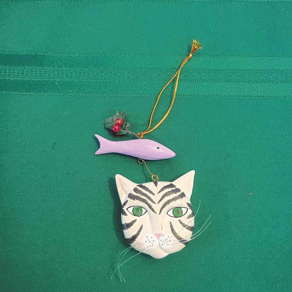 Vintage Laurel Burch Hand Painted Black White Wood Cat Head With Fish Ornament